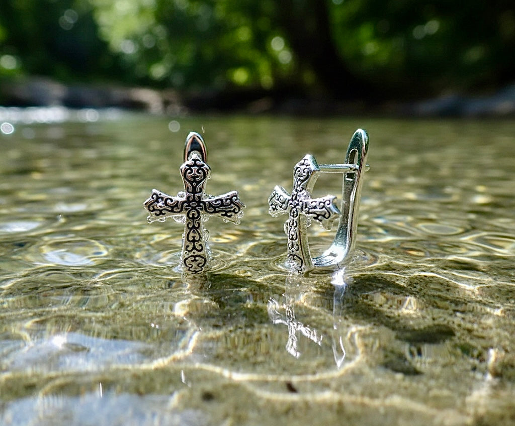 Solid Sterling Silver Cross Cuff Hypoallergenic Lever Back Earrings