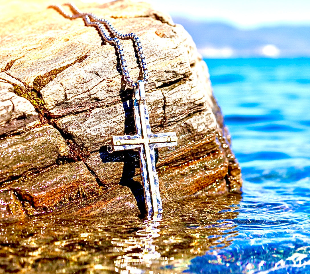 Hammered Two Tone Solid Sterling Silver Cross Necklace With Brass Inlay