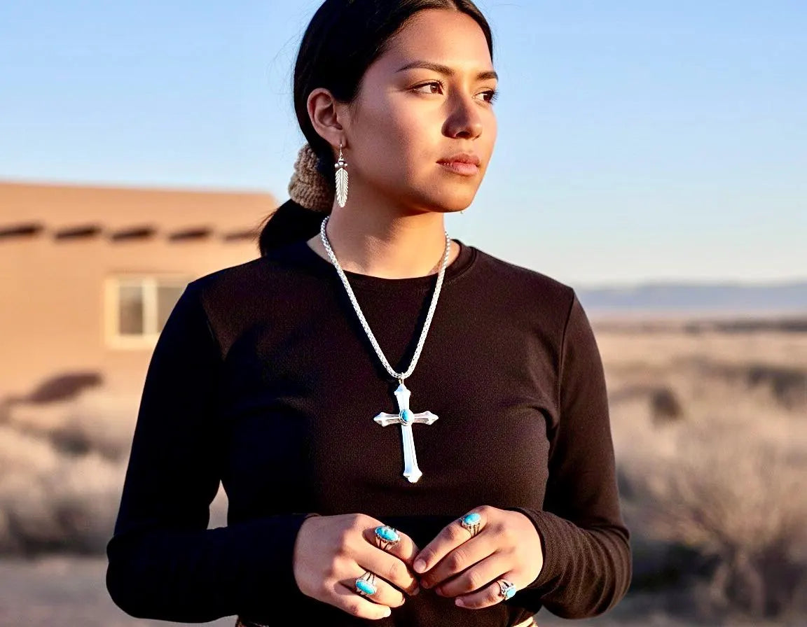 Solid Exquisite Sterling Silver & Turquoise Western Style Cross With Heavy Chain