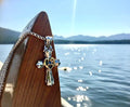Beautiful Sterling Silver Open Heart Love Cross with Gold Heart and Blue Zircon