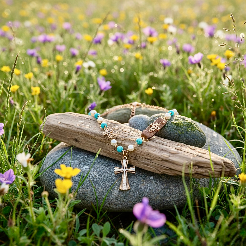 Handmade White and Blue Boho Cross Hammered Finish Multi Color Bohemian Bead Necklace
