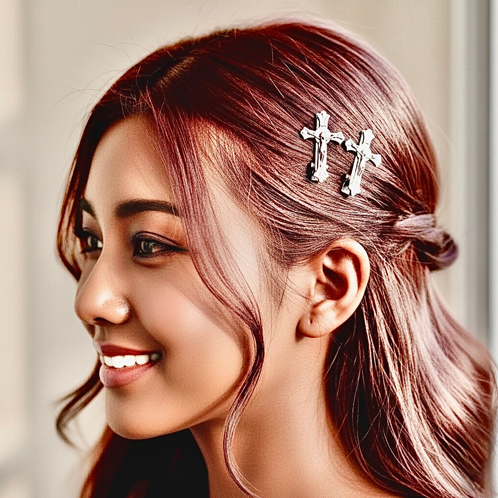 Vintage Style Silver Antiqued Crucifix Cross Hair Clips