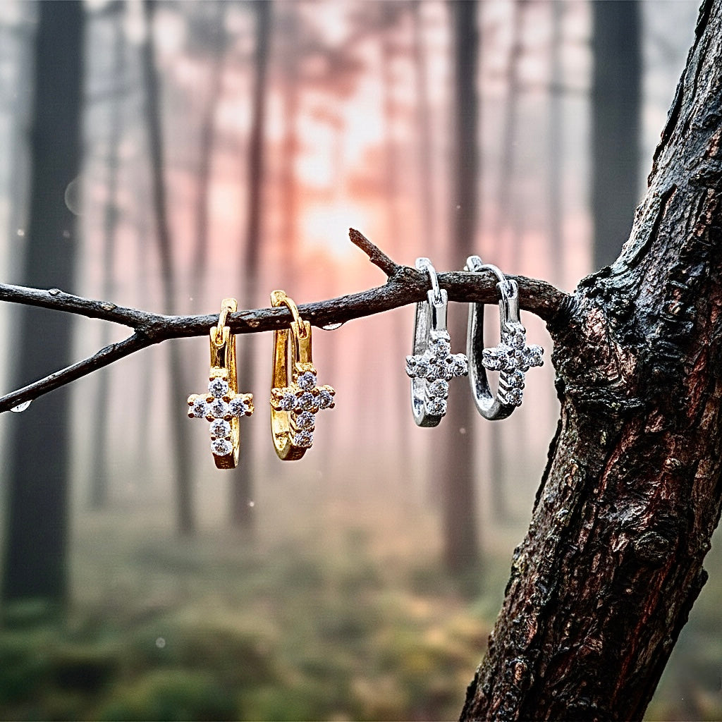 Elegant Sparkling Sterling Silver CZ Wrap Cross Huggie Earrings