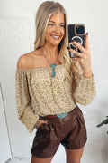 Marilyn - Beige Leopard Velvet Burnout Off Shoulder Long Sleeve Blouse
