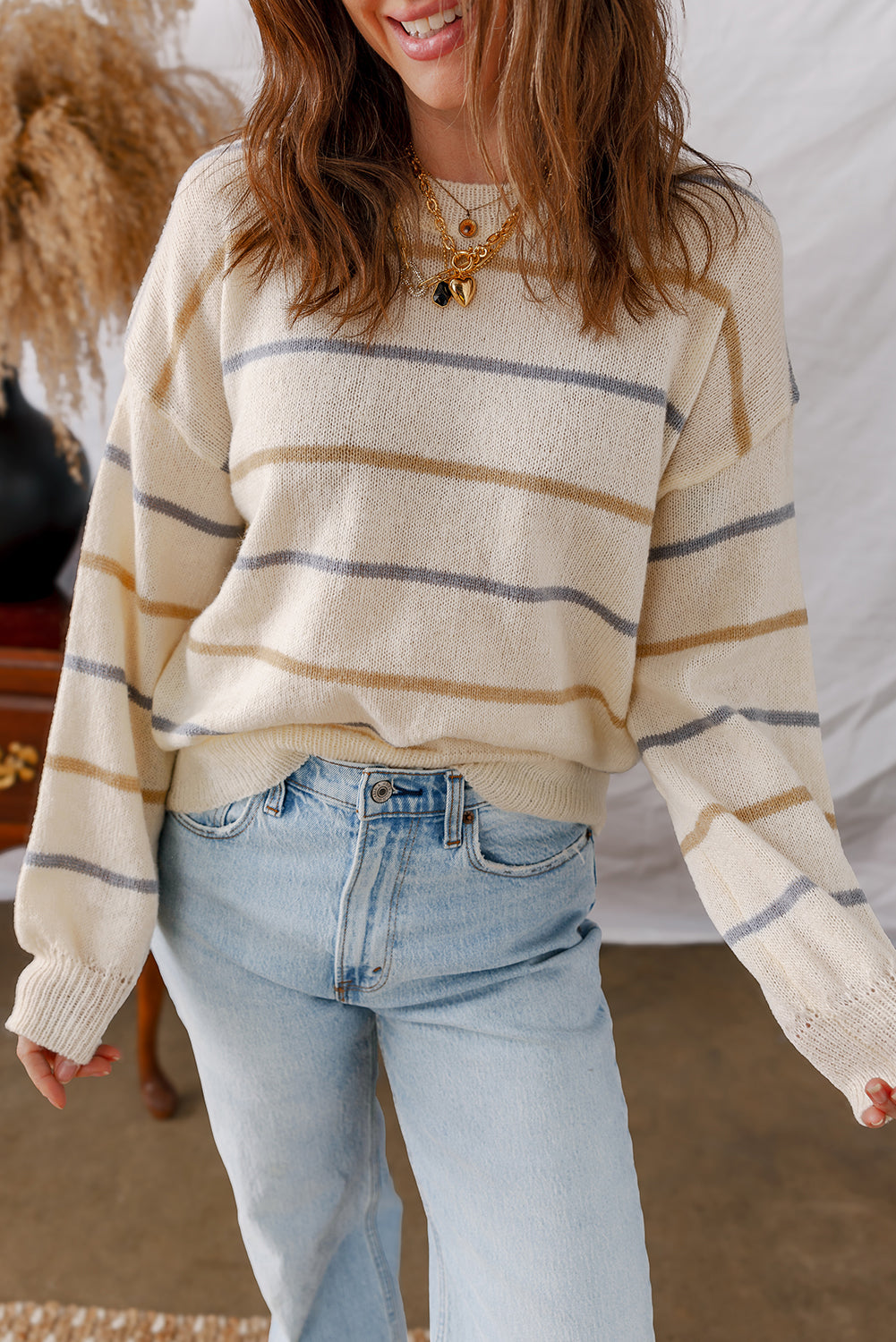 Alyssa-Lightweight Colorful Striped Ribbed Edge Drop Shoulder Sweater
