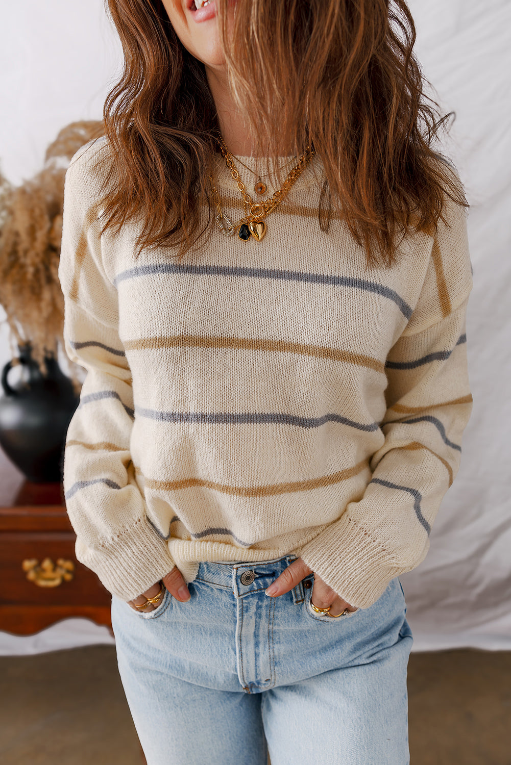 Alyssa-Lightweight Colorful Striped Ribbed Edge Drop Shoulder Sweater