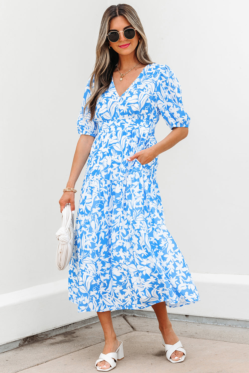 Stacey-Sky Blue Floral V Neck Puff Short Sleeve Flowy Long Dress