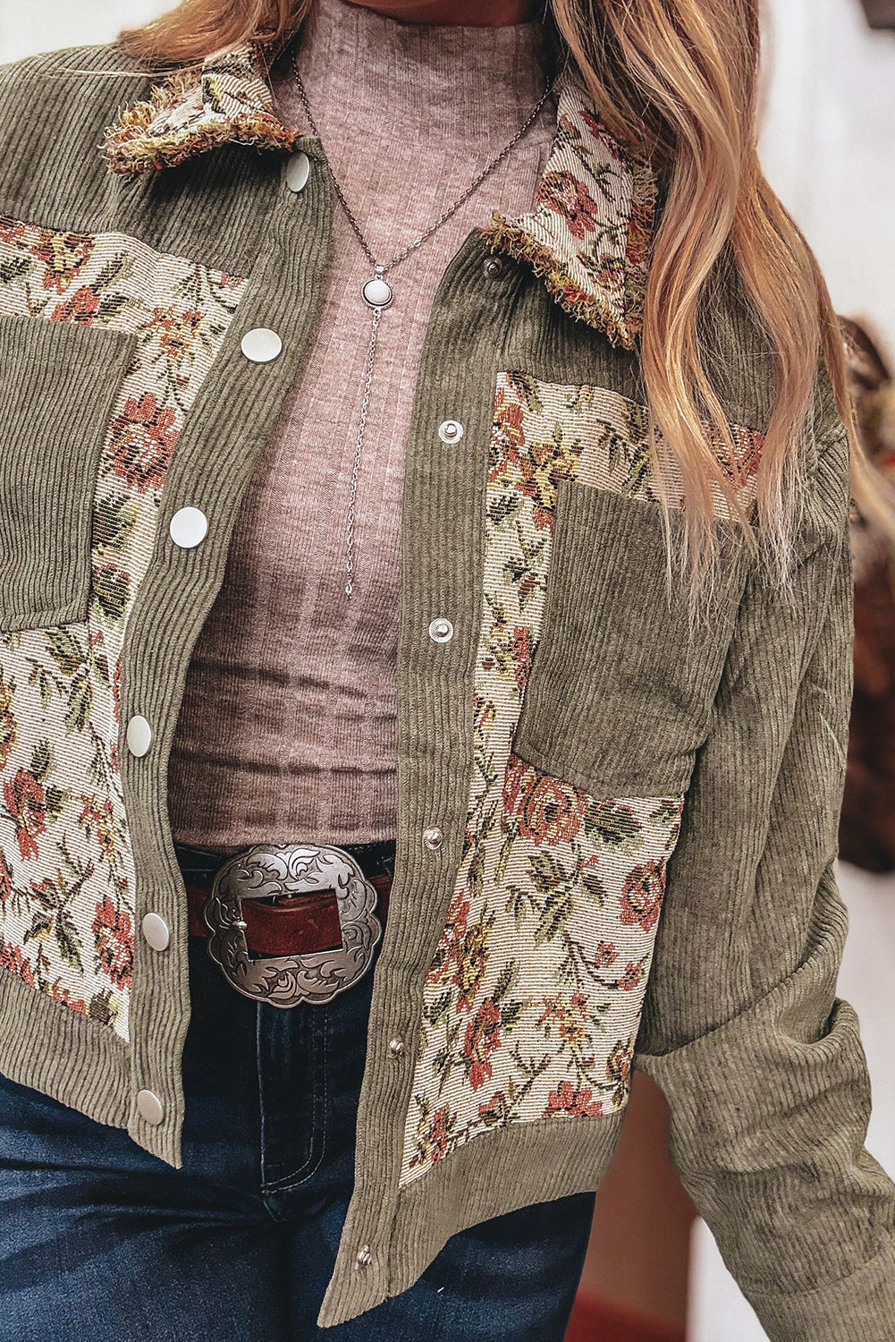 Deidra - Sage Green Ribbed Retro Floral Patchwork Shirt Style Jacket