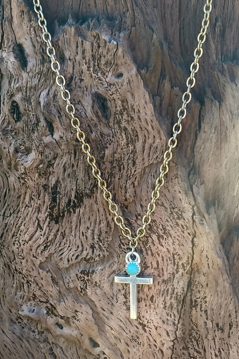 Sterling Silver Turquoise Cross Pendant Chain Necklace