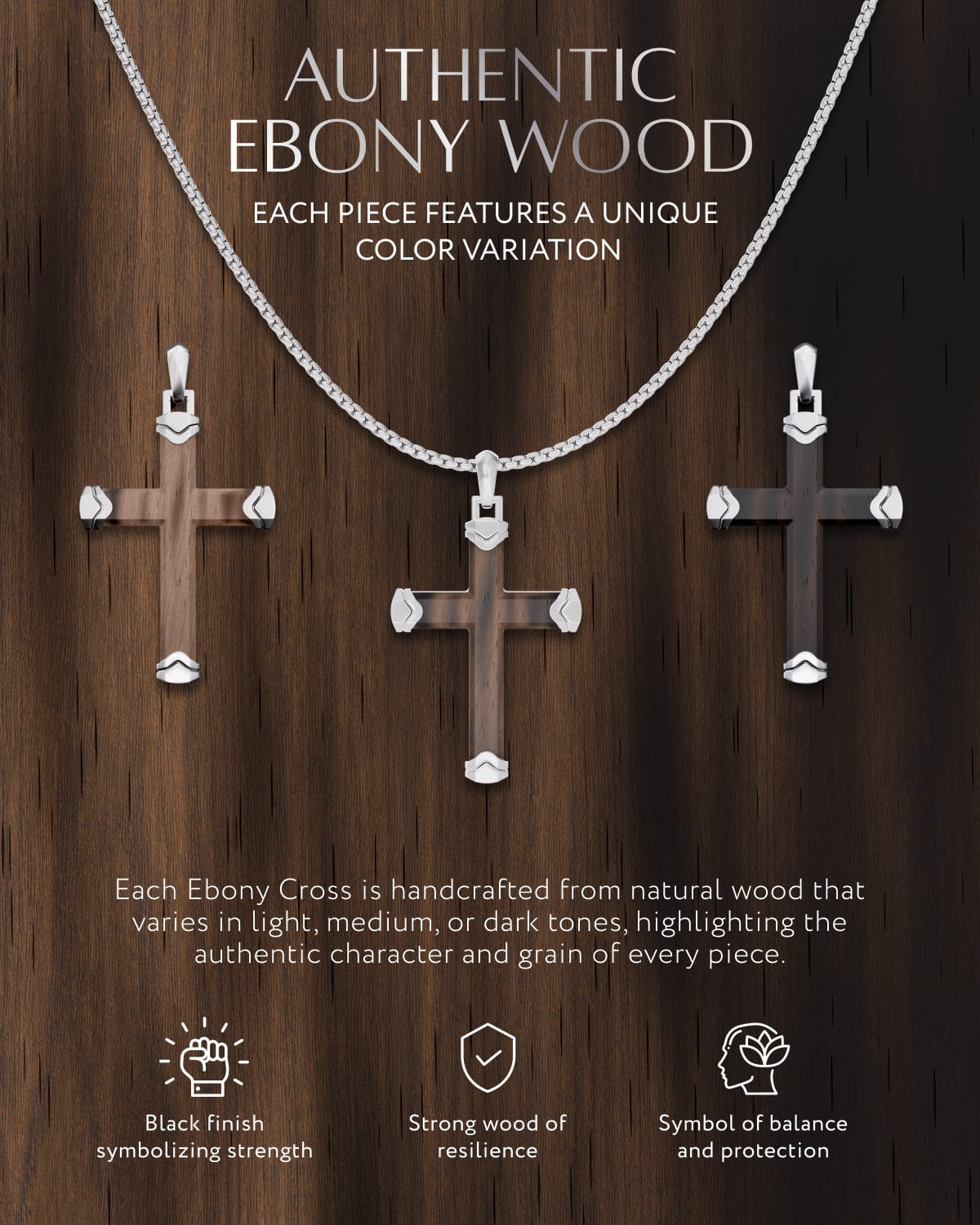 Men's Ebony Silver Wood Cross Pendant
