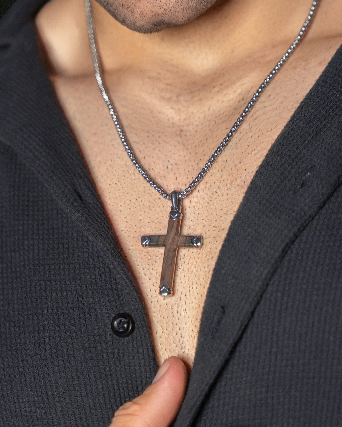 Men's Ebony Silver Wood Cross Pendant