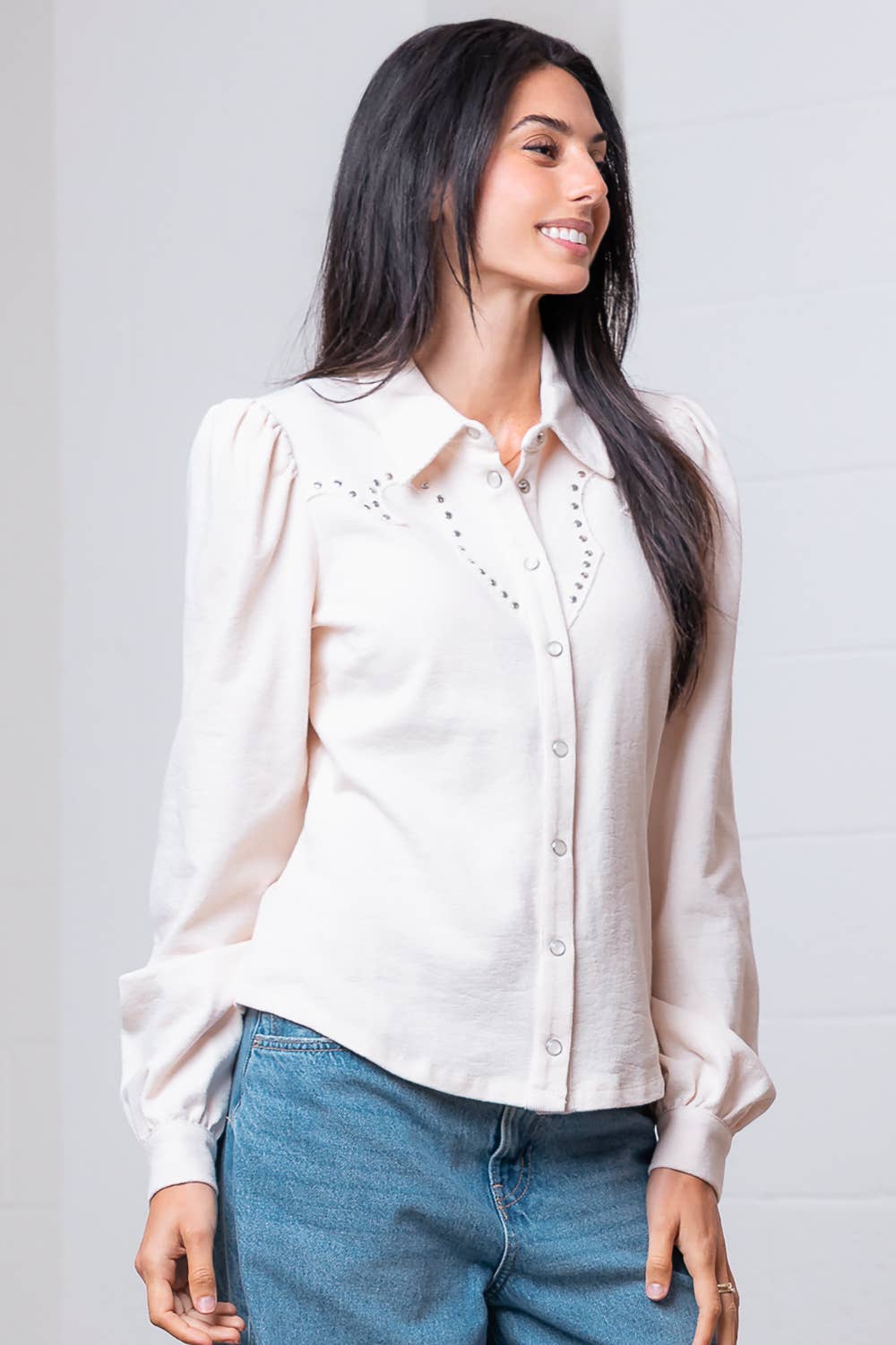 Amarillo Cream Studded Yoke Blouse