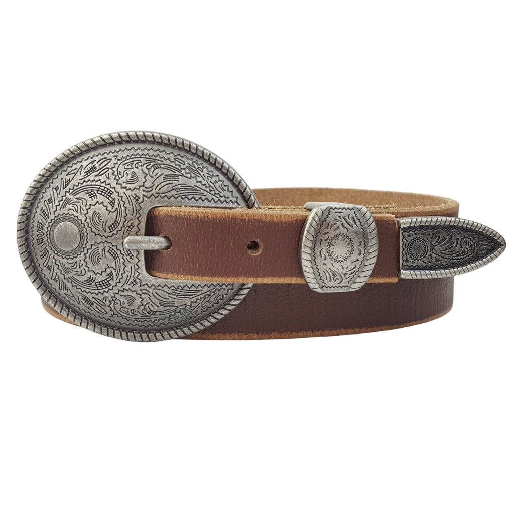 Antique Silver Buckle Vintage Skinny Genuine Leather Belt