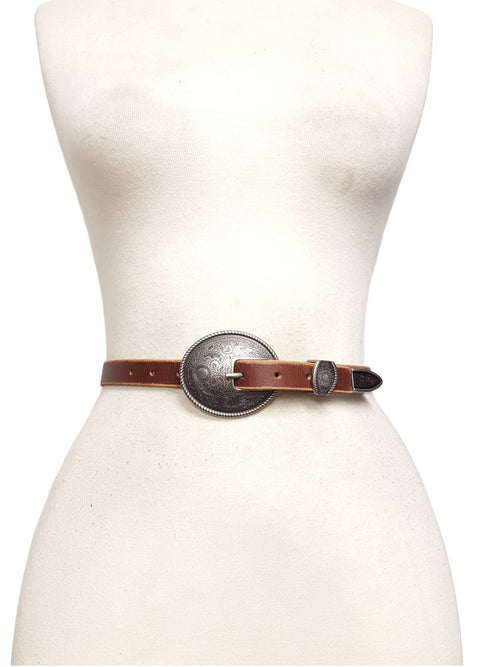 Antique Silver Buckle Vintage Skinny Genuine Leather Belt