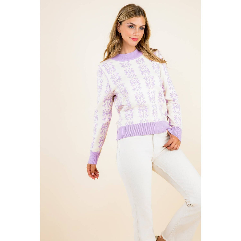 Leyla - Long Sleeve Floral Pattern Knit Pullover Sweater