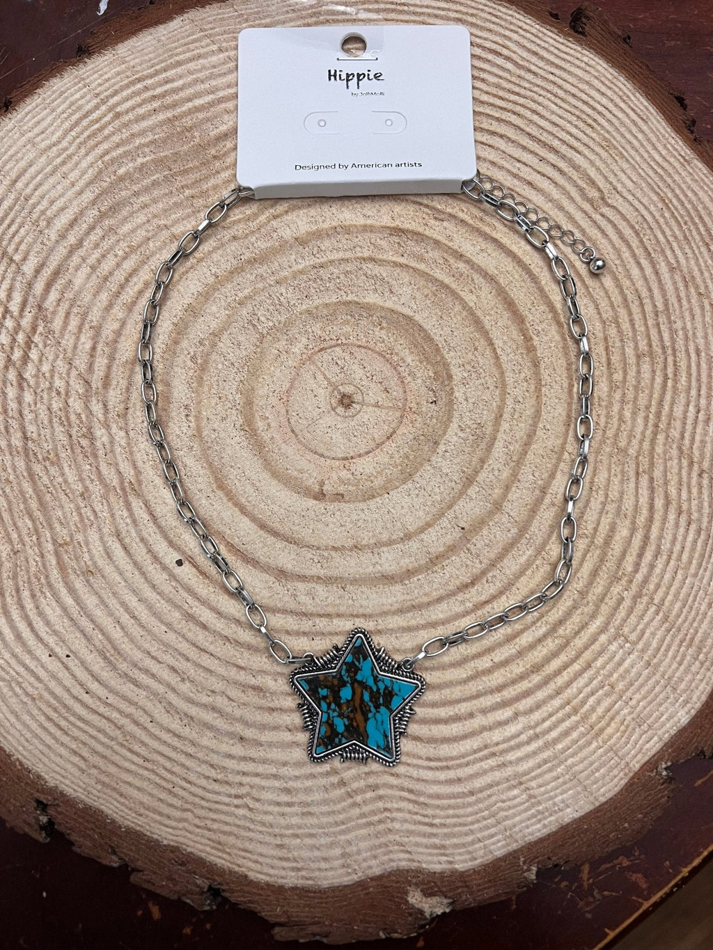 Barbed Star Shaped Faux Turquoise Pendant Necklace - 18 inch + 3