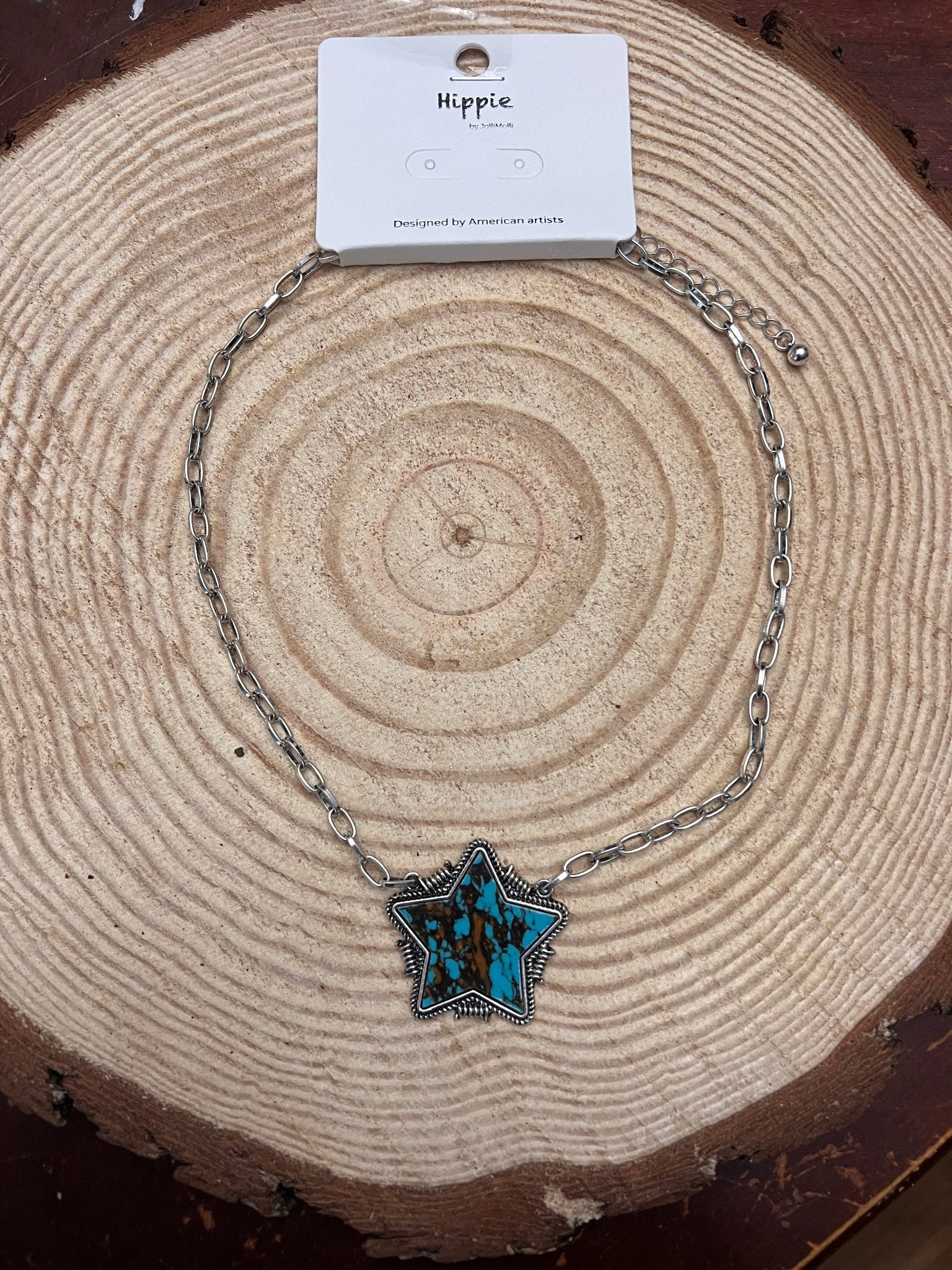 Barbed Star Shaped Faux Turquoise Pendant Necklace - 18 inch + 3