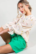 Madison - Floral Embroidered Long Puff Organza Blouse Top