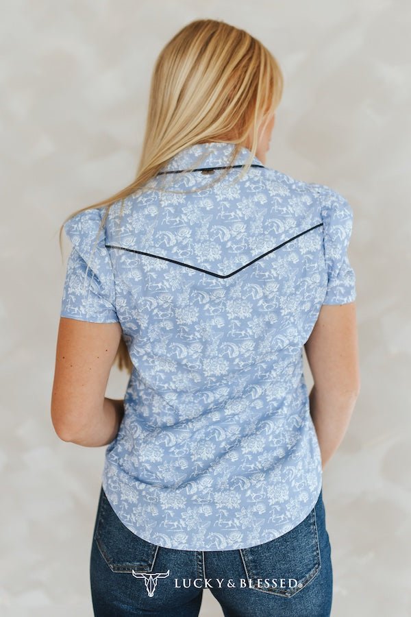 Wildflower Rodeo: Blue Western Toile Puff Sleeve Pearl Snap Shirt