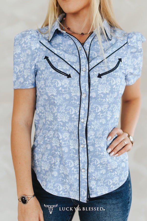 Wildflower Rodeo: Blue Western Toile Puff Sleeve Pearl Snap Shirt