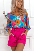 Taylor - Multicolor Floral Print V Neck 3/4 Sleeve Blouse