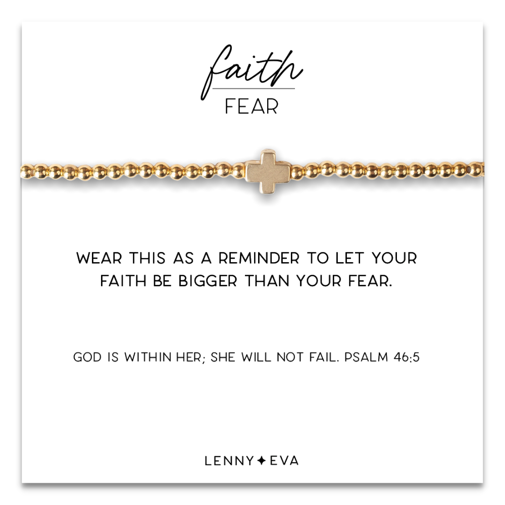 Faith Over Fear Cross Bracelet, 3mm -Gold Beaded