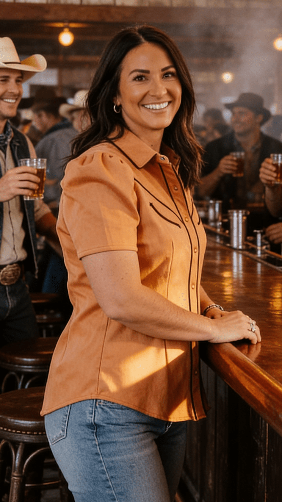 Camel Suede Western Pearl Snap Top – Puff Sleeve Cowgirl Shirt