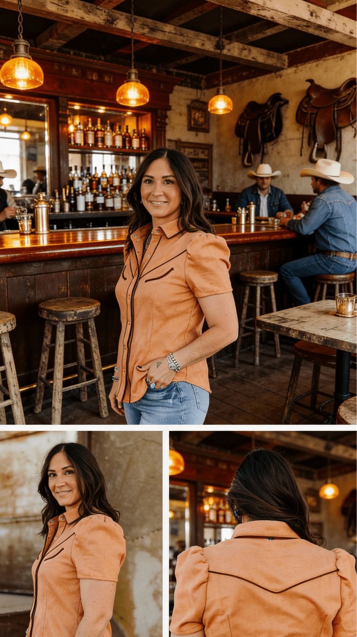 Camel Suede Western Pearl Snap Top – Puff Sleeve Cowgirl Shirt