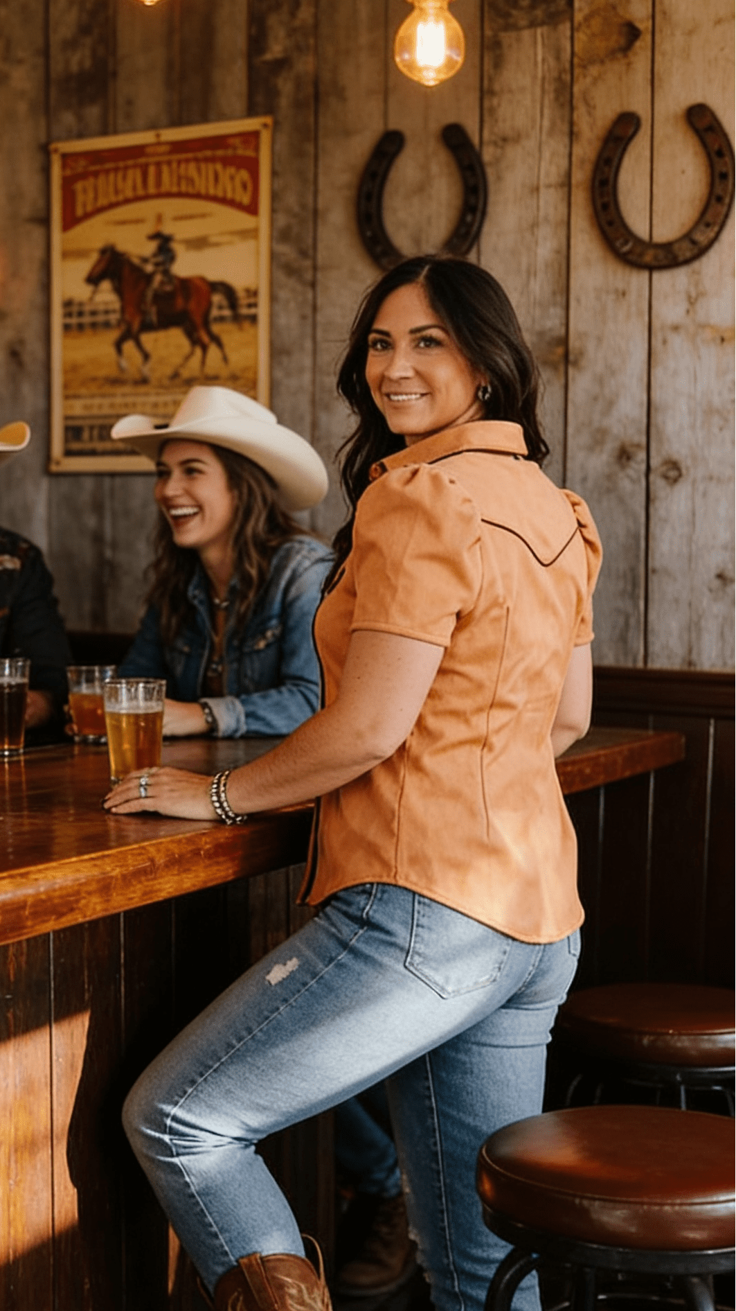 Camel Suede Western Pearl Snap Top – Puff Sleeve Cowgirl Shirt