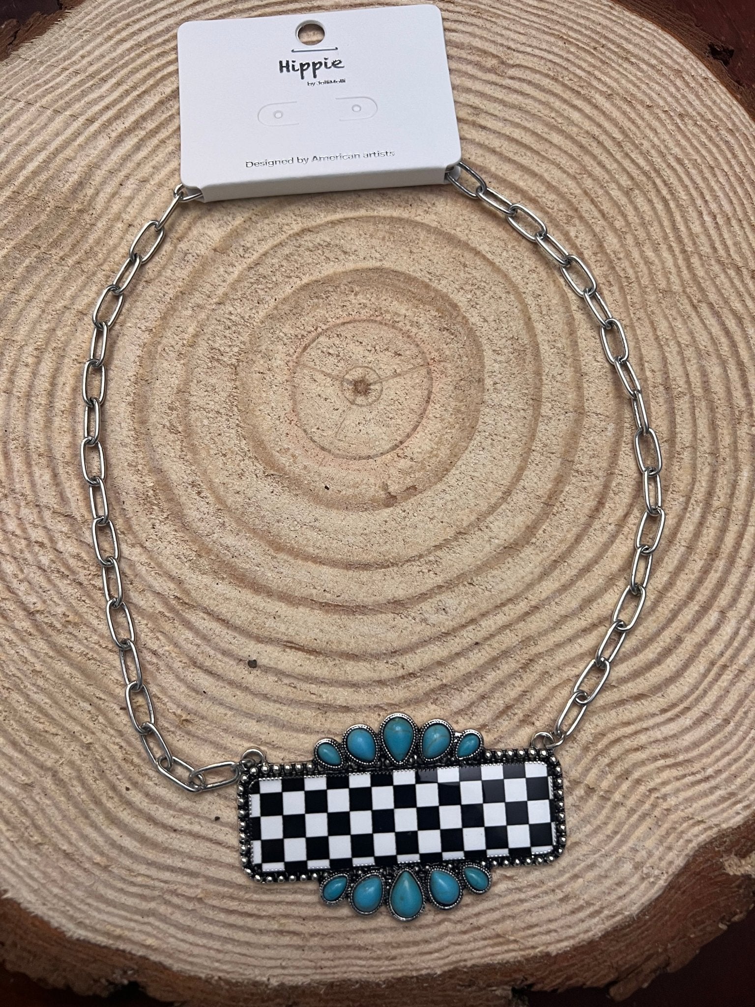 Checkered Bar Necklace with Faux Turquoise - 18 inch necklace