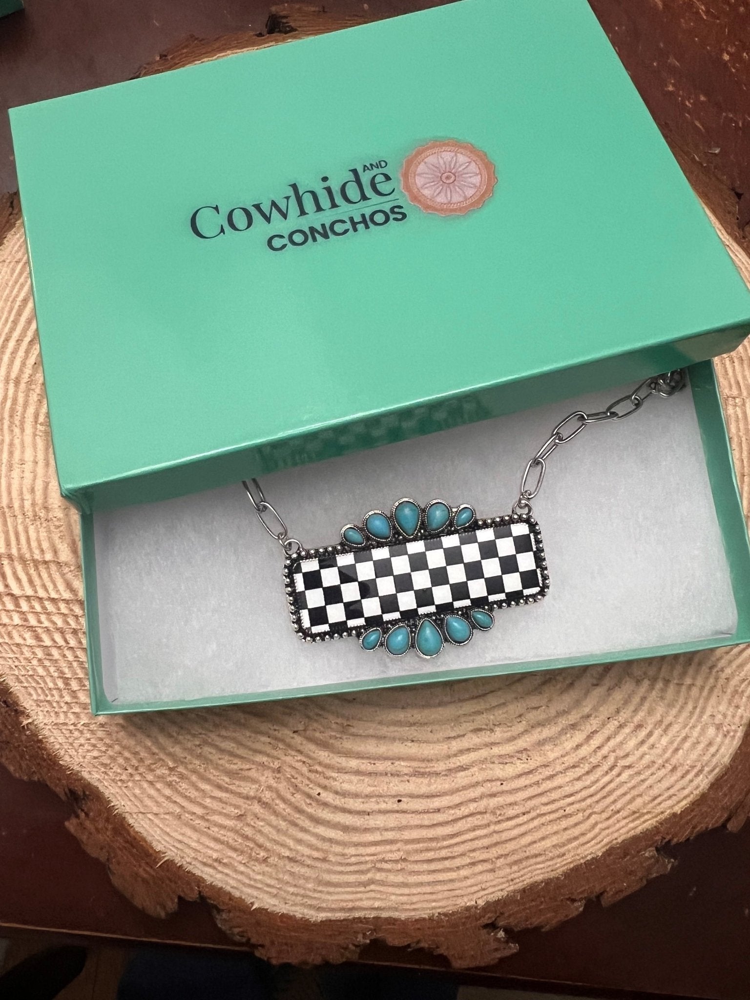 Checkered Bar Necklace with Faux Turquoise - 18 inch necklace