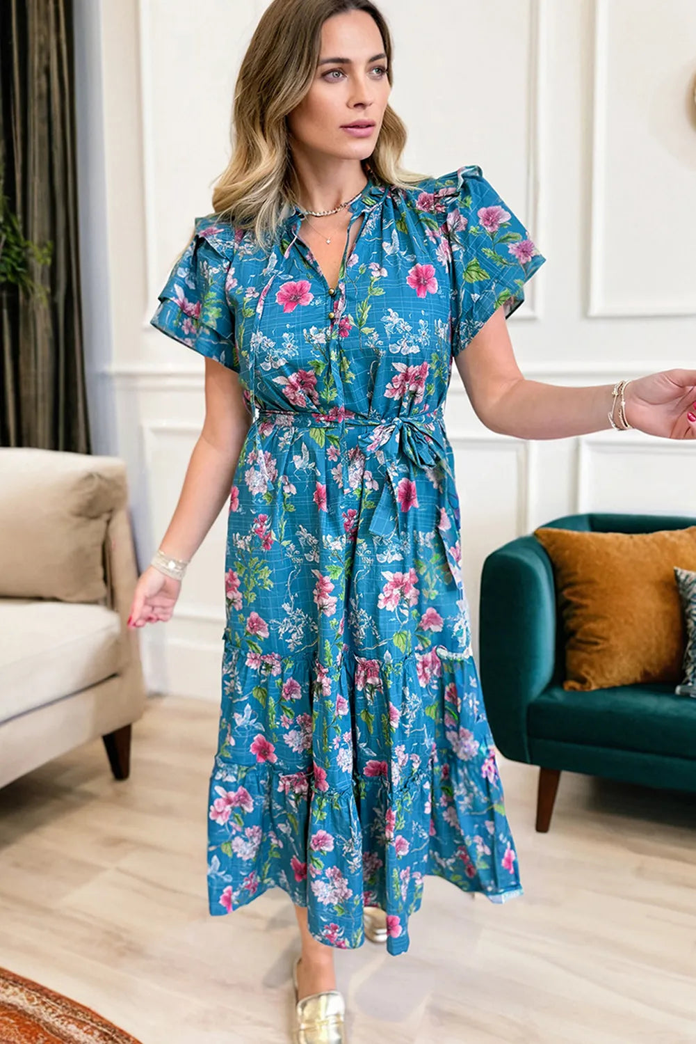 Hadley - Blue Floral Flutter Sleeve Button Tie Split Neck Belted Midi Dress