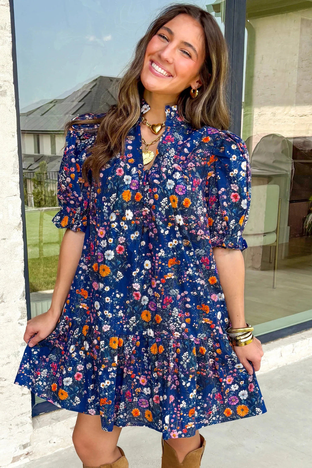 Leonora- Blue Wild Daisy Floral Split Neck Short Puff Sleeve Mini Dress