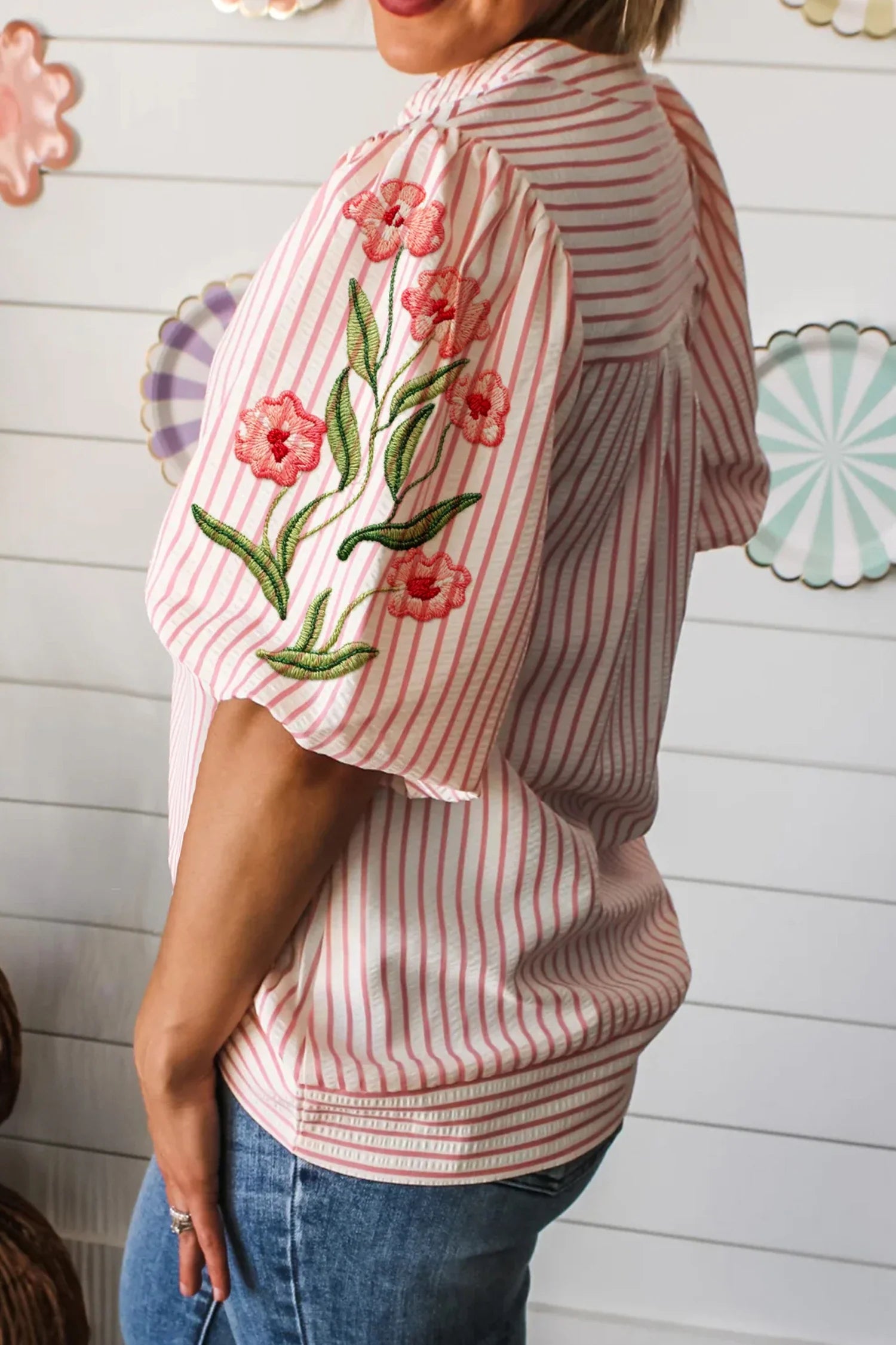 Loula-Pink Floral Embroidered Puff Sleeve V Neck Blouse