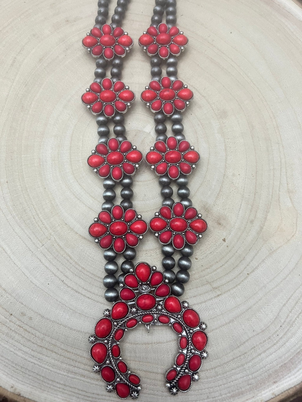 Coral Squash Blossom Statement Necklace