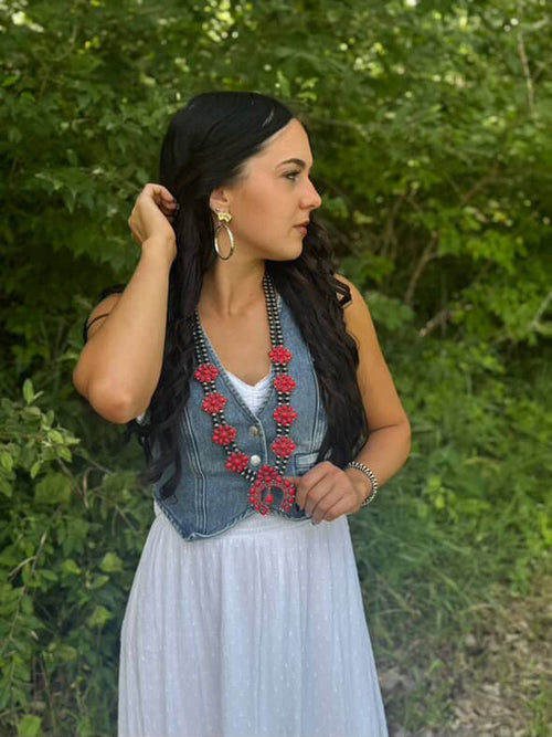 Coral Squash Blossom Statement Necklace