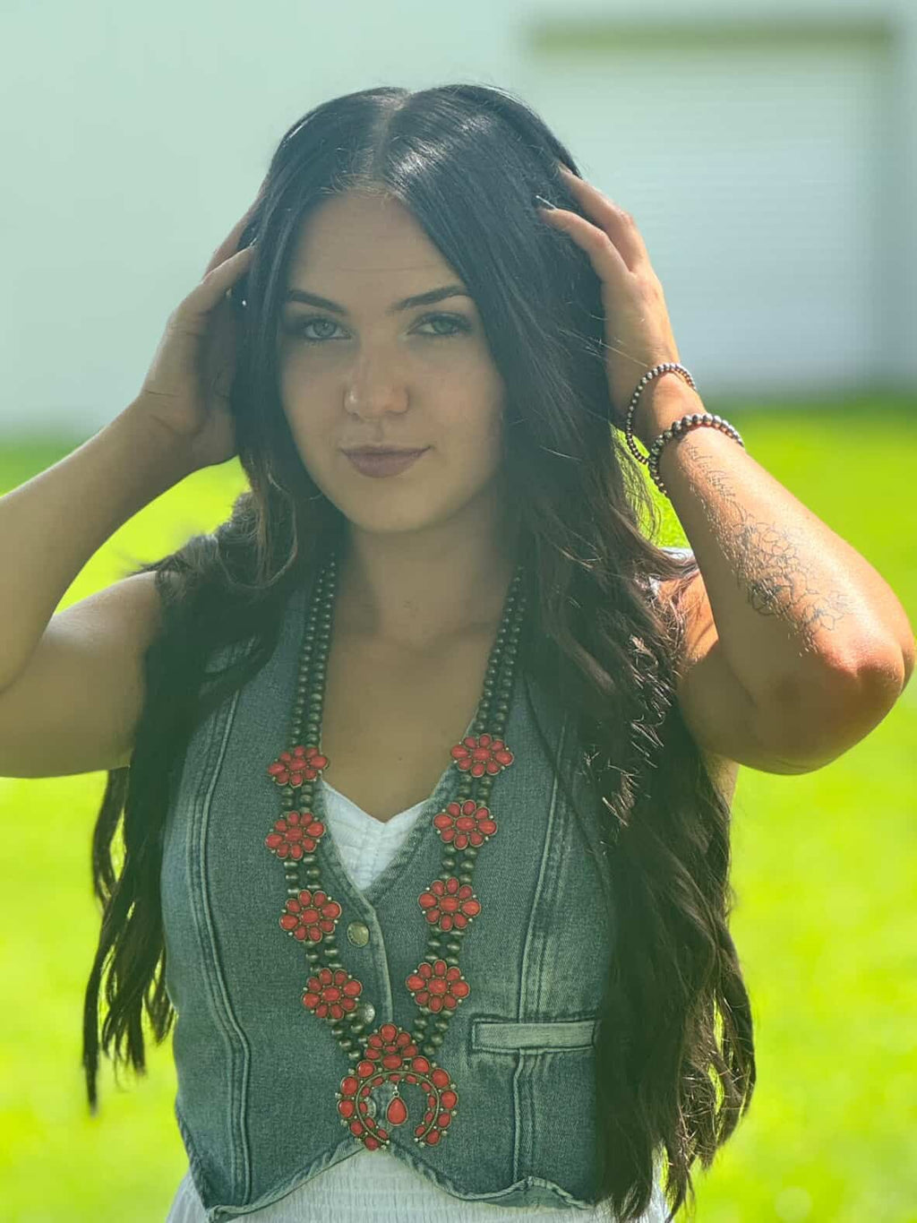 Coral Squash Blossom Statement Necklace