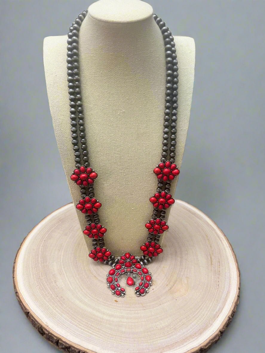 Coral Squash Blossom Statement Necklace
