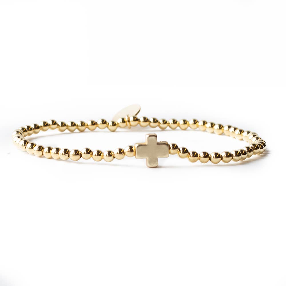 Faith Over Fear Cross Bracelet, 3mm -Gold Beaded