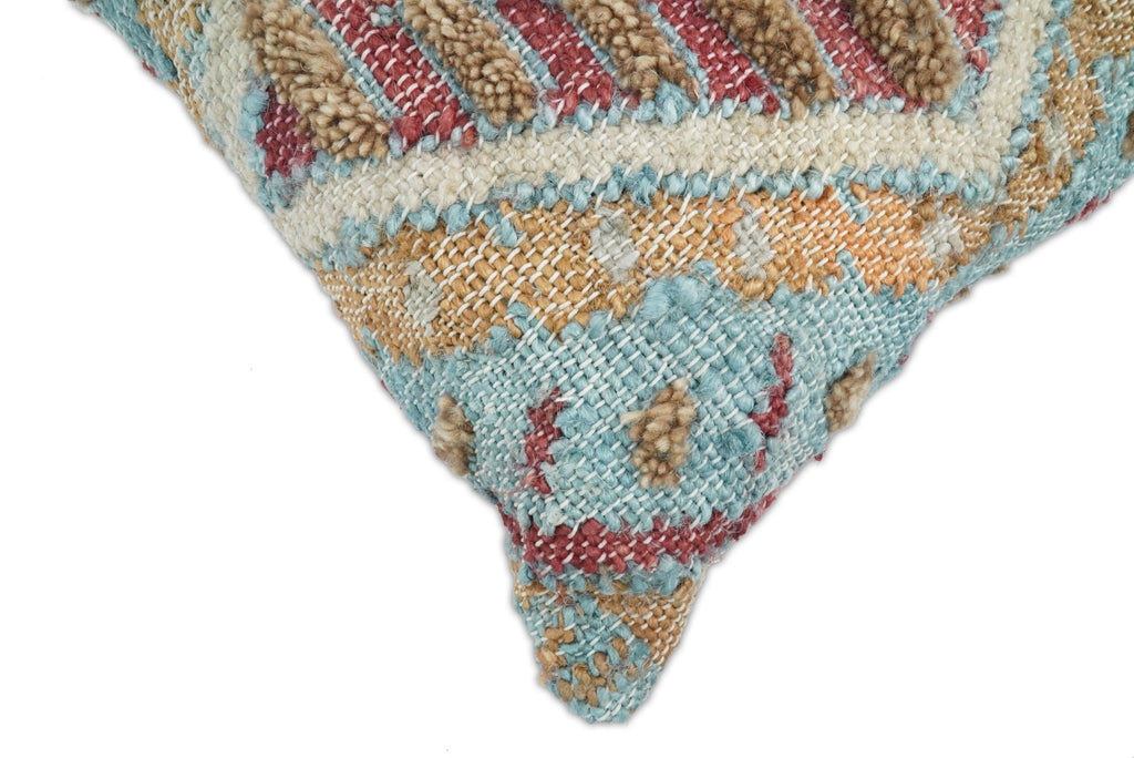 Hand Woven Boho Tribal Accent Mustard and Blue Jute and Wool Pillow