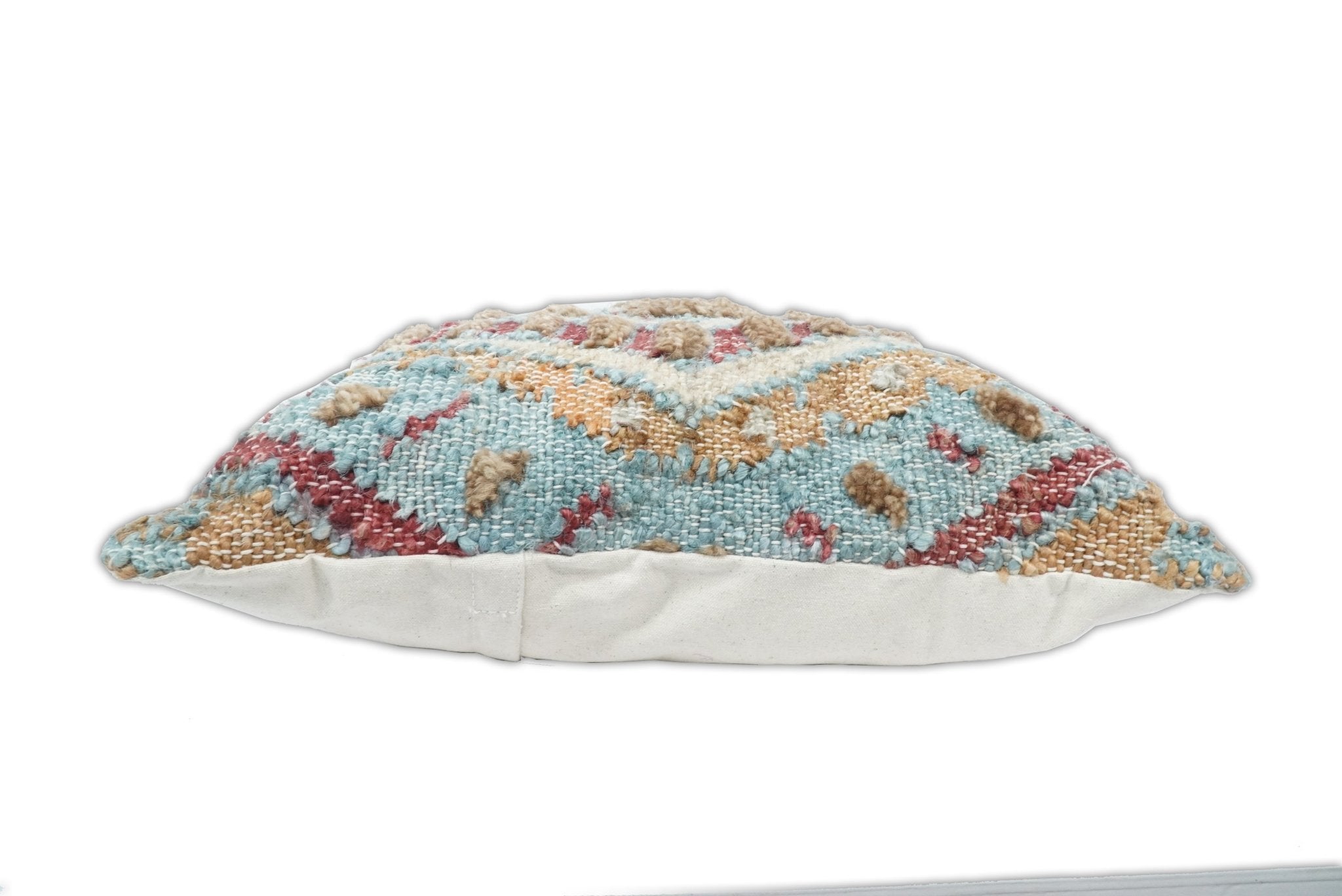 Hand Woven Boho Tribal Accent Mustard and Blue Jute and Wool Pillow