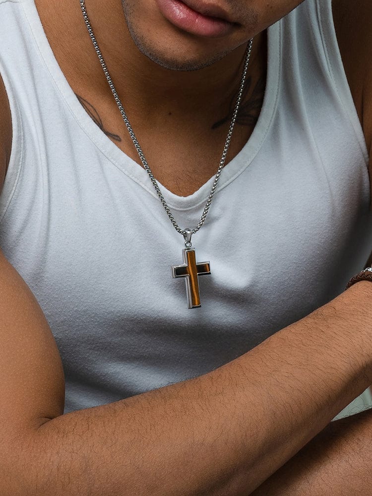 Men's Tiger Eye Cross Pendant Necklace
