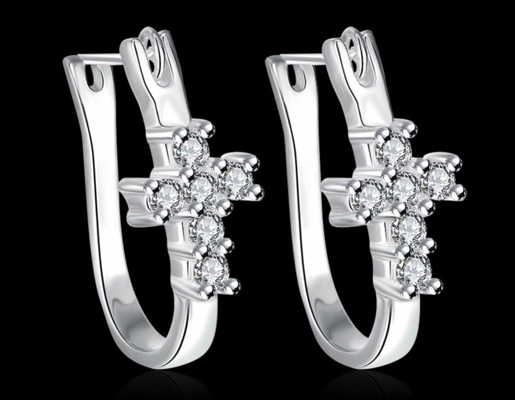 Elegant Sparkling Sterling Silver CZ Wrap Cross Huggie Earrings