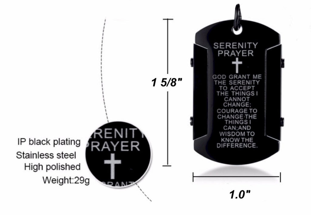 Serenity Prayer Thick Dog Tag Waterproof Necklace in Silver, Black, or Gold