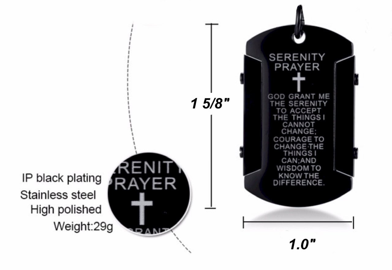 Serenity Prayer Thick Dog Tag Waterproof Necklace in Silver, Black, or Gold