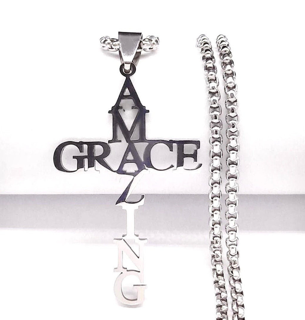 Silver Amazing Grace Cross Necklace & Earrings Set  Waterproof Hypoallergenic Stainless Steel