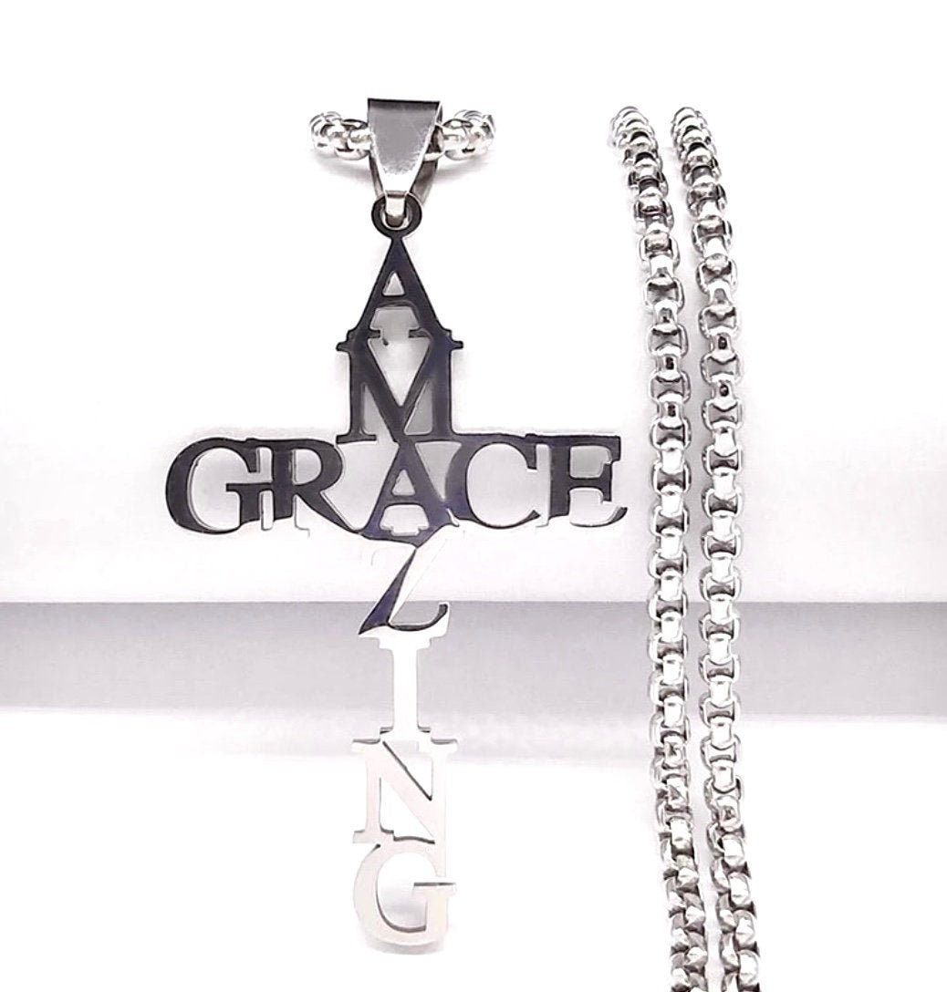 Silver Amazing Grace Cross Necklace & Earrings Set  Waterproof Hypoallergenic Stainless Steel