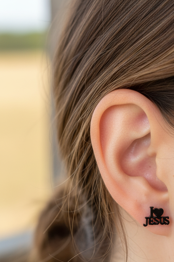 I Love JESUS Stud Earrings in Black, Gold, or Silver Waterproof & Hypoallergenic