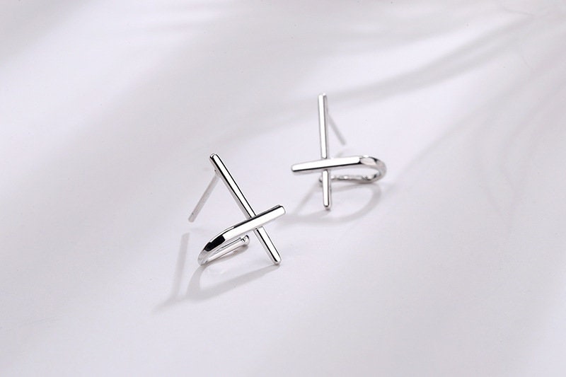 Dainty Solid Sterling Silver Cross Huggie Earrings
