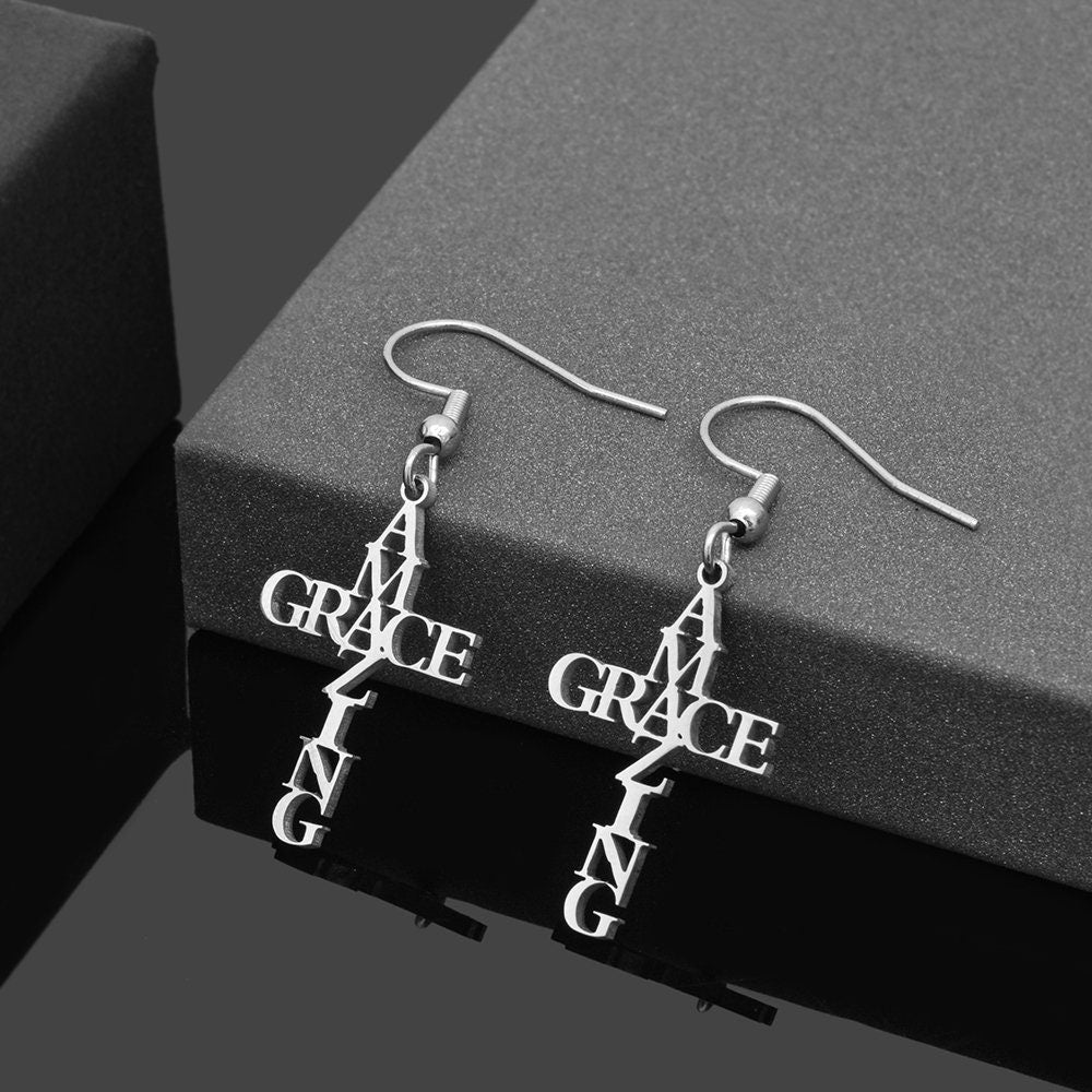 Silver Amazing Grace Cross Necklace & Earrings Set  Waterproof Hypoallergenic Stainless Steel